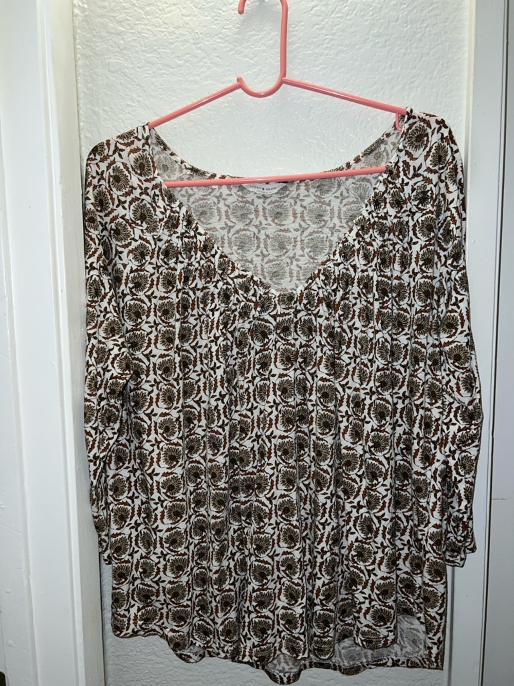 Lucky Brand Brown and Cream Floral V-Neck Tunic